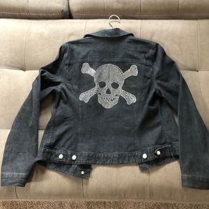 Dark denim jacket with gem skull on back